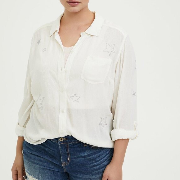 torrid Tops - Torrid Taylor - White Gauze Embroidered Star Button Front Relaxed Fit Shirt 5x